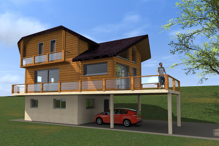 Vue 3D maison ossature bois